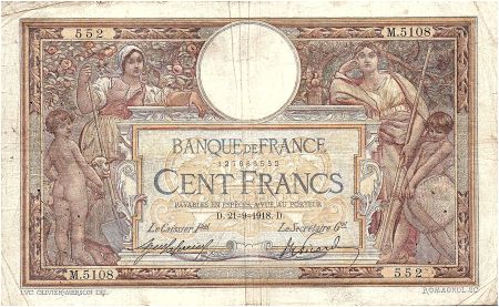 France 100 Francs Luc Olivier Merson - sans LOM - 21-09-1918 Série M.5108 - TB
