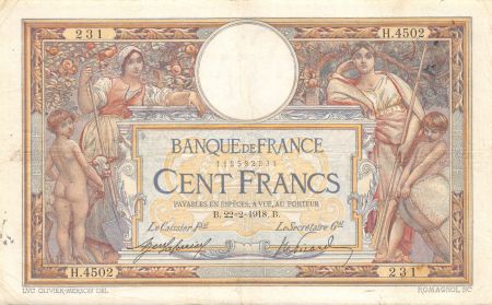 France 100 Francs Luc Olivier Merson - sans LOM - 22-02-1918 Série H.4502 - PTTB