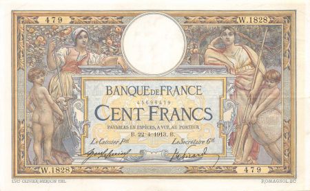 France 100 Francs Luc Olivier Merson - sans LOM - 22-04-1913 Série W.1828 - TTB+
