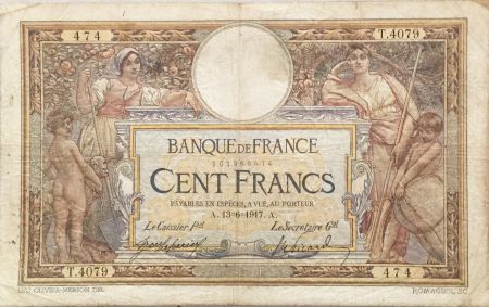 France 100 Francs Luc Olivier Merson - sans LOM - 23-06-1917 Série T.4079 - TB