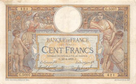 France 100 Francs Luc Olivier Merson - sans LOM - 23-08-1918 Série G.5007 - TTB