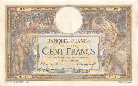 France 100 Francs Luc Olivier Merson - sans LOM - 24-06-1913 Série H.1932 - TTB