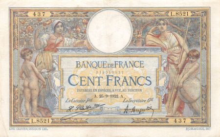 France 100 Francs Luc Olivier Merson - sans LOM - 25-09-1922 Série L.8521 - TTB