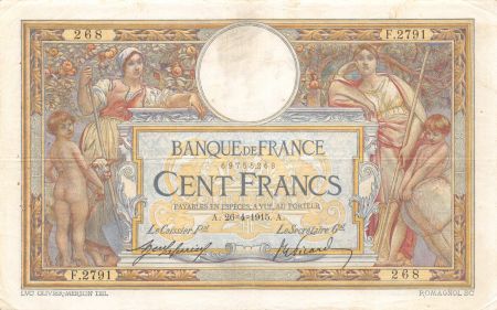 France 100 Francs Luc Olivier Merson - sans LOM - 26-04-1915 Série F.2791 - TTB
