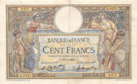 France 100 Francs Luc Olivier Merson - sans LOM - 27-06-1922 Série Q.8231 - TB+