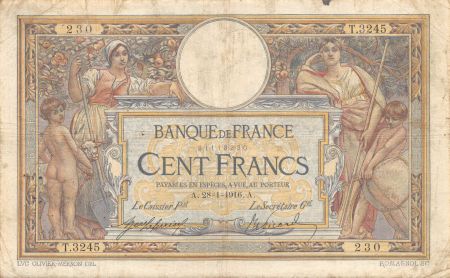 France 100 Francs Luc Olivier Merson - sans LOM - 28-01-1916 Série T.3245 - TB