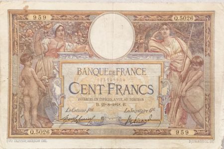 France 100 Francs Luc Olivier Merson - sans LOM - 29-08-1918 Série Q.5026 - TB