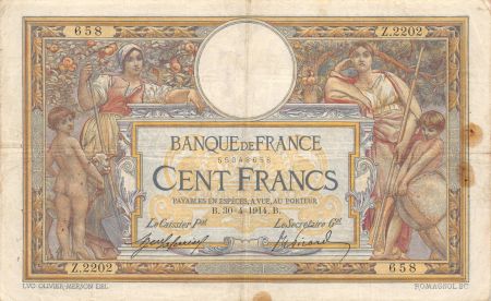 France 100 Francs Luc Olivier Merson - sans LOM - 30-04-1914 Série Z.2202 - TB