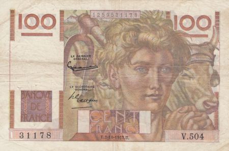 France 100 Francs Paysan - Filigrane inversé - 02-10-1952 Série V.504 - TB+
