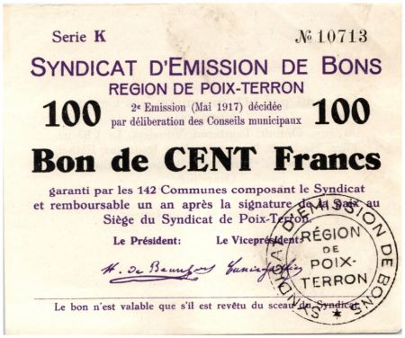 France 100 Francs Poix-Terron Commune - 1917