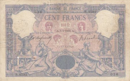 France 100 Francs Rose et Bleu - 05-07-1906 Série S.4592 - TB