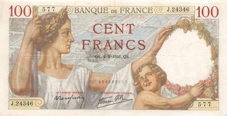 France 100 Francs Sully - 04-09-1941 Série J.24346 - TTB+
