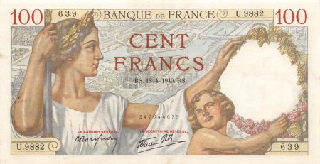 France 100 Francs Sully - 18-04-1940 Série U.9882 - TTB