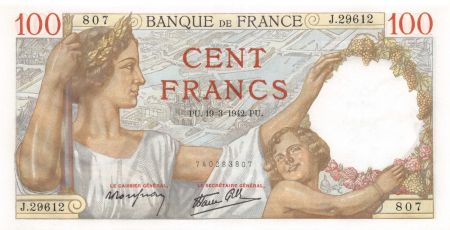 France 100 Francs Sully - 19-03-1942 Série J.29612 - NEUF