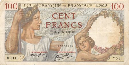 France 100 Francs Sully - 21-12-1939 Série K.5418 - TTB