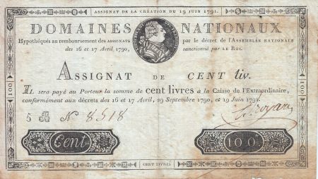 France 100 Livres - 19 Juin 1791 - Sign. BROYARD 5 B.