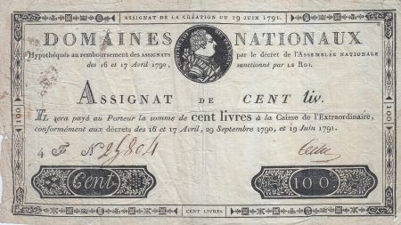 France 100 Livres - 19 Juin 1791 - Sign. TESTU 4 F.