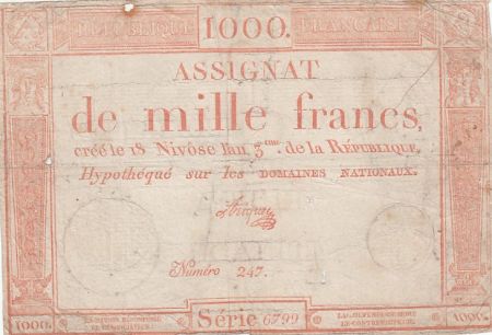 France 1000 francs - 18 Nivose An III (7.1.1795) - Sign. Ariquey