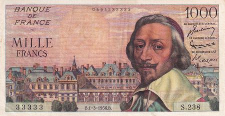 France 1000 Francs - Richelieu - 01-03-1956 - Série S.238 - Numéro 33333 - F.42.19