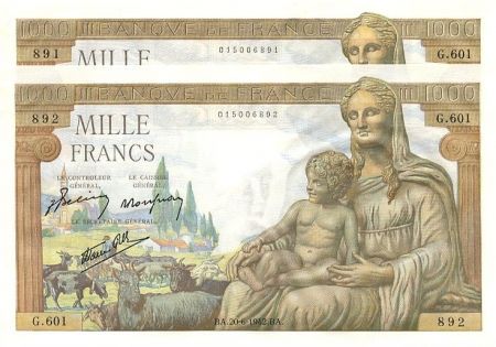 France 1000 Francs, paire de n° consécutifs Déesse Déméter - 1942