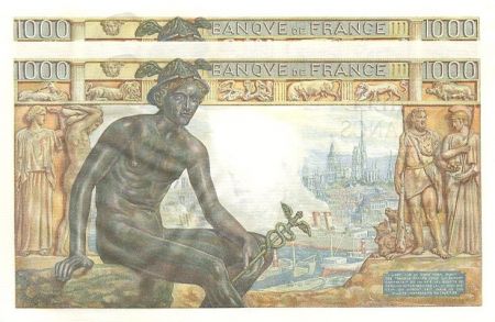 France 1000 Francs, paire de n° consécutifs Déesse Déméter - 1942