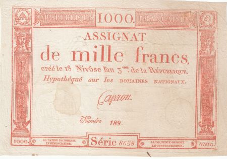 France 1000 Francs 18 Nivose An III - 7.1.1795 - Sign. Capron