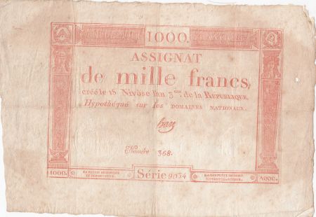 France 1000 Francs 18 Nivose An III - 7.1.1795 - Sign. Haze - TTB