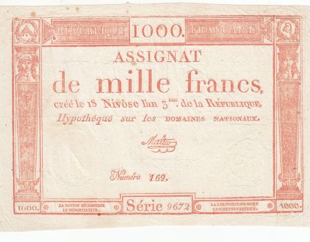 France 1000 Francs 18 Nivose An III - 7.1.1795 - Sign. Malter