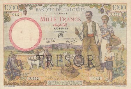 France 1000 Francs Banque de l\'Algérie - Surchargé Trésor 1000 F - 1942 Série F.532 004