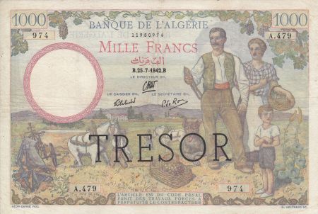 France 1000 Francs Banque de l\'Algérie - Surchargé Trésor 1000 F - Tete de Femme- 1942 Série A.479  974