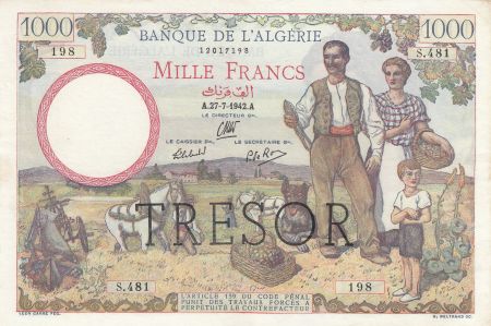 France 1000 Francs Banque de l Algerie Surchargé TRESOR - 1942