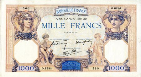 France 1000 Francs Cérès et Mercure - 02/02/1939 Série O.6284 - TTB