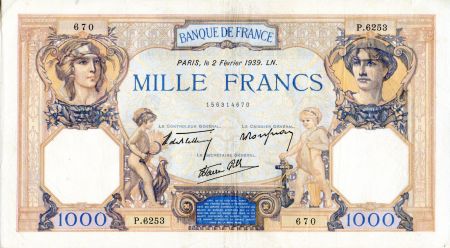 France 1000 Francs Cérès et Mercure - 02/02/1939 Série P.6253 - TTB
