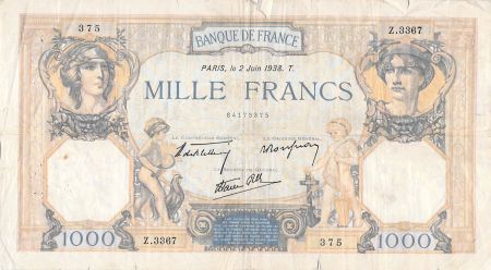 France 1000 Francs Cérès et Mercure - 02-06-1938 Série Z.3367 - TB
