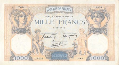France 1000 Francs Cérès et Mercure - 02-11-1939 Série L.8074 - TTB