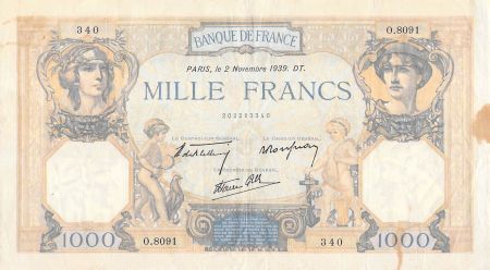 France 1000 Francs Cérès et Mercure - 02-11-1939 Série O.8091 - TB+
