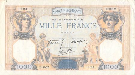 France 1000 Francs Cérès et Mercure - 02-11-1939 Série U.8002 - PTTB