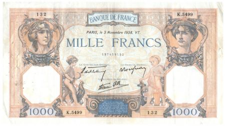 France 1000 Francs Cérès et Mercure - 03-11-1938 Série K.5499 - TTB