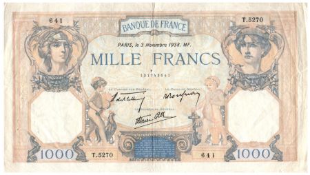 France 1000 Francs Cérès et Mercure - 03-11-1938 Série T.5270 - TTB
