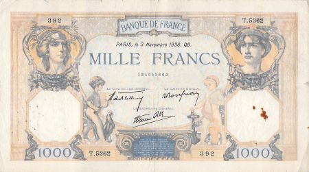 France 1000 Francs Cérès et Mercure - 03-11-1938 Série T.5362 - TB+