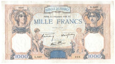 France 1000 Francs Cérès et Mercure - 03-11-1938 Série X.5427 - TB
