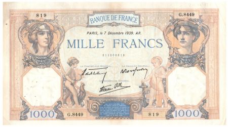 France 1000 Francs Cérès et Mercure - 07-12-1939 Série G.8449 - TTB