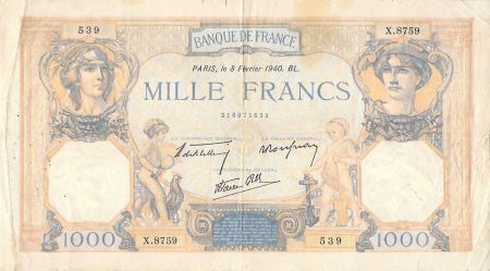 France 1000 Francs Cérès et Mercure - 08-02-1940 Série X.8759 - TB+