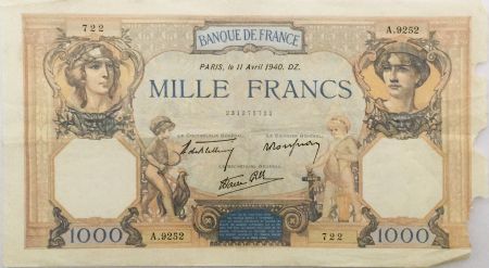 France 1000 Francs Cérès et Mercure - 11-04-1940 Série A.9252 - B+