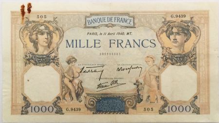 France 1000 Francs Cérès et Mercure - 11-04-1940 Série G.9439 - TTB