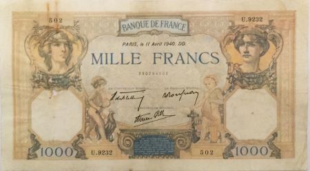 France 1000 Francs Cérès et Mercure - 11-04-1940 Série U.9232 - TB+