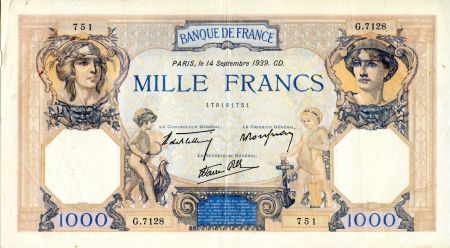 France 1000 Francs Cérès et Mercure - 14/09/1939 Série G.7128 - TTB