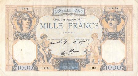 France 1000 Francs Cérès et Mercure - 16-12-1937 Série P.3130 - PTTB