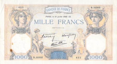 France 1000 Francs Cérès et Mercure - 18-07-1940 Série B.10302 - PTTB