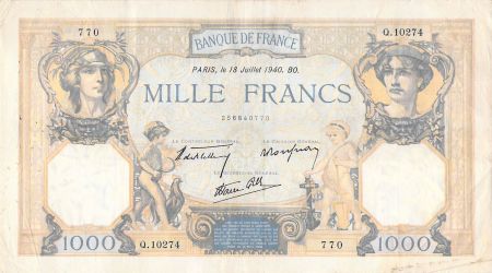 France 1000 Francs Cérès et Mercure - 18-07-1940 Série Q.10274 - TB+